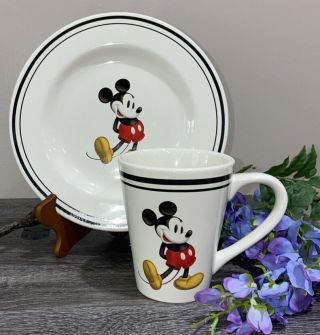 Disney Mickey Mouse Salad Plate Black Trim 8.  5” & Coffee 12 Oz Mug Set Rare