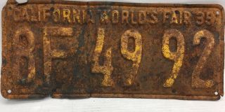 Rare 1939 World’s Fair (california) 8f 4992 License Plate - Vintage