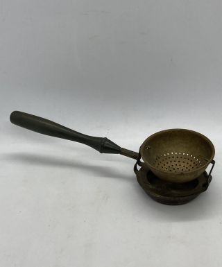Antique Silver Plated And Brass Tea Strainer Wood Handle 7” Long Unique Rare