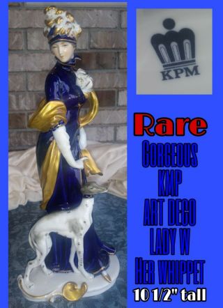 Rare Vintage Kpm Figure Porcelain Art Deco Lady Dog Figure Whippet 10.  5 " Gold