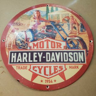 Vintage Porcelain 1954 Harley Davidson Motorcycles Man Cave Rare Garage Sign