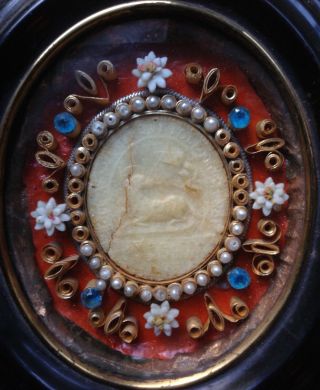 Rare Antique 19th Century Reliquary Picture Relic Wax Seal Agnus Dei Mourning