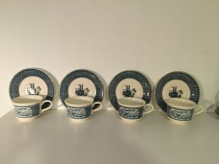 Rare Vintage Royal Currier And Ives Flat Cup And Saucer (set Of 4)
