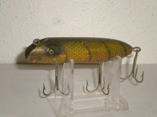 Vintage South Bend Bass Oreno Wood Lure - Green Scale Perch Finnish - Tack Eyes