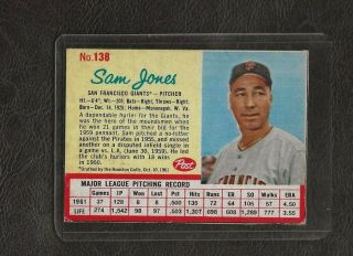 1962 Post 138 Sam Jones,  San Francisco Giants,  Ex,  Rare