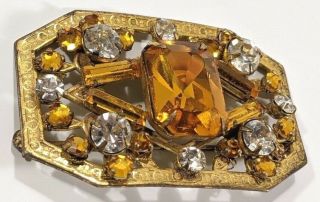 Rare Vintage 2” Signed Miriam Haskell Brooch Gold Toned W/ Orange & Clear Stones