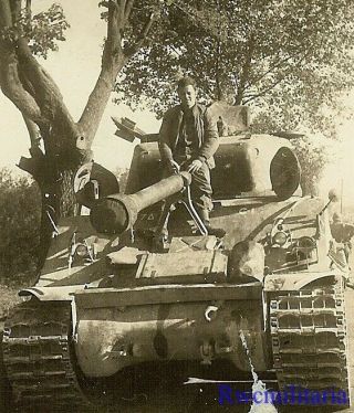 Rare Us Tanker Posed On His M4 Sherman Tank On Road