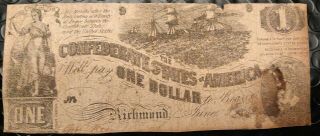 Civil War Confederate 1862 1 Dollar Bill Richmond Virginia Note Csa Rare