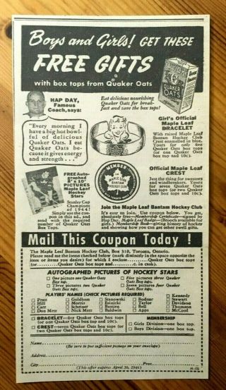 Rare 1946 Canada Canadian Ad Quaker Oats Hockey Premiums Cards Rings Crests