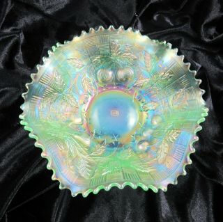 Rare Northwood Fruits & Flowers Antique Carnival Glass Bowl Ice Green - Midsize