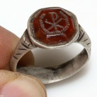 Extremely Rare Late Roman Early Byzantine Silver Intaglio Ring - Carnelian - Christo
