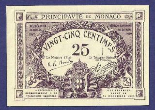 Gem Uncirculated 25 Centimes 1920 Banknote From Monaco Rare