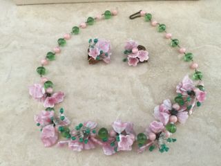 Vintage 17” Murano Venetian Glass Necklace Pink Flowers With Earrings Rare