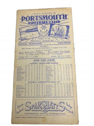 1947/1948 Portsmouth V Derby County Programme.  Saturday 18th October 1947.  Rare