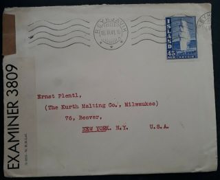 Rare 1941 Iceland Censor Cover Ties 45a Stamp Cancelled Reykjavik To Usa