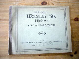 Wolseley Six 14/60 Hp Factory - Issued Spare Parts List,  1945,  Rare &