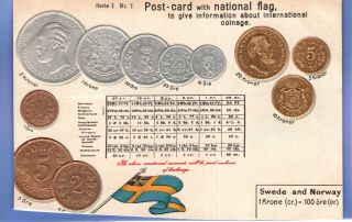 Rare 1912c Embossed Coin Currency & Flag Sweden & Norway Vintage Postcard