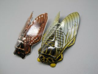 2 Rare Vintage Cicada Bug Tin Metal Painted Japan Pin Brooch 1.  34 " Long