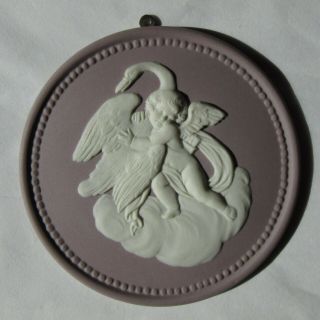 Rare Large Wedgwood Lilac & White Jasperware Medallion Cupid & Swan 2.  5 "