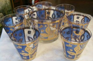 Rare Culver Mid Century 22k Gold & Blue 7 Old Fashioned Glasses & Ice Bucket