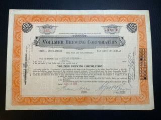 1933 Vollmer Brewing Corporation Stock Certificate Altoona,  Pa Rare