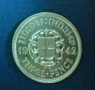 1942 King George Vi Silver Threepence,  Rare Date, .  500 Silver - Very