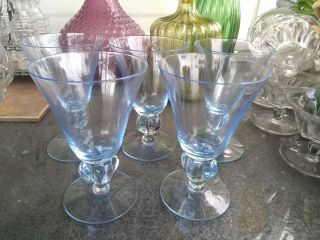 Rare Antique Tiffin Set Of 5 Canterbury Copen Light Blue Wine Glasses 5 1/2 " T