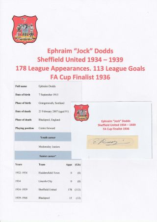 Jock Dodds Sheffield Utd 1934 - 1939 Rare Hand Signed Cutting/card