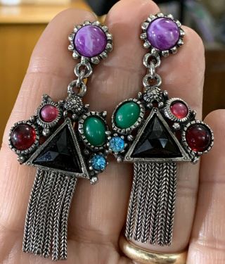 Rare Vintage Verified Selro Necklace & Earrings Set Antiqued Silver Tone Lucite 2