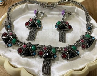 Rare Vintage Verified Selro Necklace & Earrings Set Antiqued Silver Tone Lucite 3