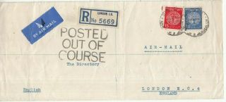 Israel Doar Ivri Registered Cover To London Rare " Posted Out Of Course " Mark