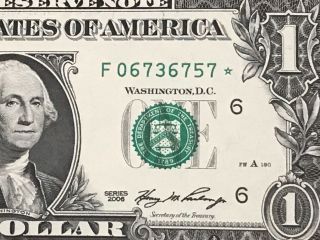 Wow Rare Star Note 2006 $1 Dollar Bill (atlanta) Short Print (fw) Uncirculated