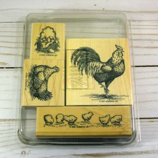 Stampin Up Roosting Wood Block Rubber Stamp Set Of 4 Hen Rooster Chicks Egg Rare