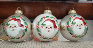 3 Rare Vintage Krebs Santa Claus Glass Ball Christmas Ornaments Cute White Frost