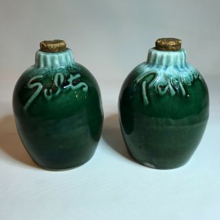Vintage Hull Agate Green Drip Salt And Pepper Shakers With Corks - Rare