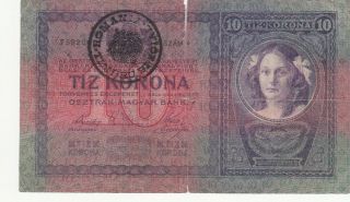 10 Kronen Vg Provisional Banknote From Transylvania 1918 Old Date 1904 Rare