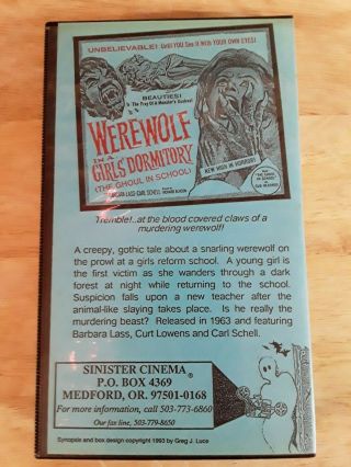 Werewolf in a Girls ' Dormitory VHS rare horror sleaze exploitation Sinister 2