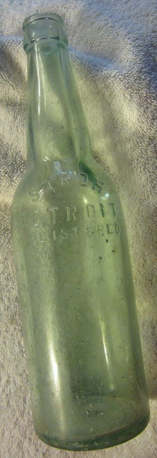 Rare Vintage Pre - Prohibition Strohs Beer Bottle Clear Green Hue 12 Oz Detroit Mi