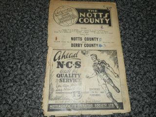 Notts County V Derby County 1952/3 Floodlit Friendly March 23rd Rare