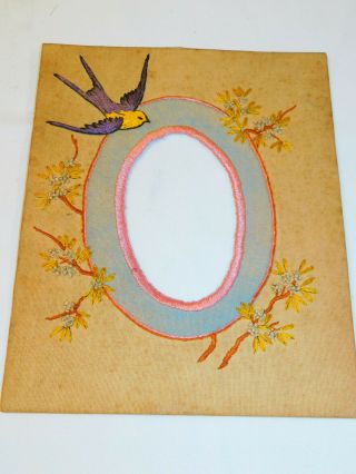 Antique Arts & Crafts Embroidered Linen Oval Picture Frame Mat Barn Swallow Bird