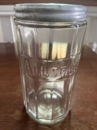 Antique Vintage Hoosier Cabinet Embossed Allspice Glass Spice Jar Ribbed 2 Lids