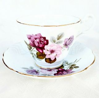 Vintage Royal Ascot England Tea Cup & Saucer Set Hand Painted Purple Pink Roses