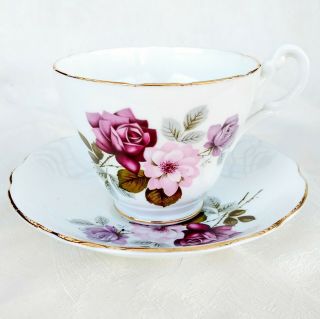 Vintage Royal Ascot England Tea Cup & Saucer Set Hand Painted Purple Pink Roses 2