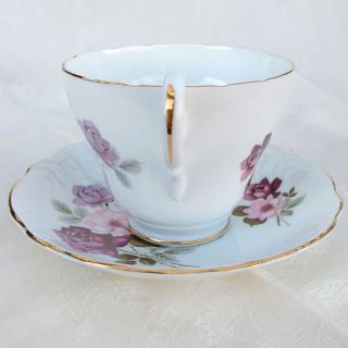 Vintage Royal Ascot England Tea Cup & Saucer Set Hand Painted Purple Pink Roses 3