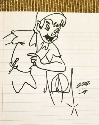 Rare Michael Jackson Hand Signed / Autographed Drawing Of Peter Pan W/ Loa