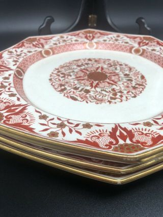 Minton Red Gold Trim Set Of 4 Octagonal Luncheon Plates Antique C.  1890