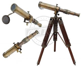 Brass Telescope W/ Wooden Tripod Stand Nautical Vintage Antique Decorative Gift