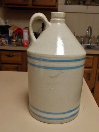 ANTIQUE STONEWARE WHISKEY JUG WHITE CROCK WITH BLUE BANDS BOTTOM MARKED RCP CO A 2