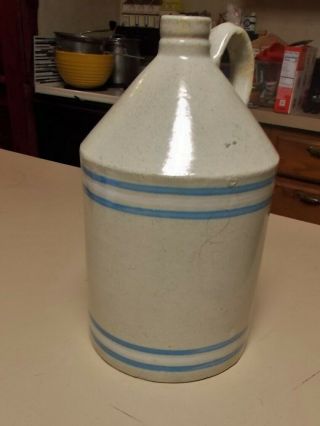 ANTIQUE STONEWARE WHISKEY JUG WHITE CROCK WITH BLUE BANDS BOTTOM MARKED RCP CO A 3