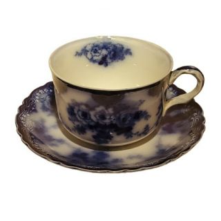 Antique Flow Blue Alfred Meakin Roses Heart Teacup & Saucer Royal Semi Porcelain